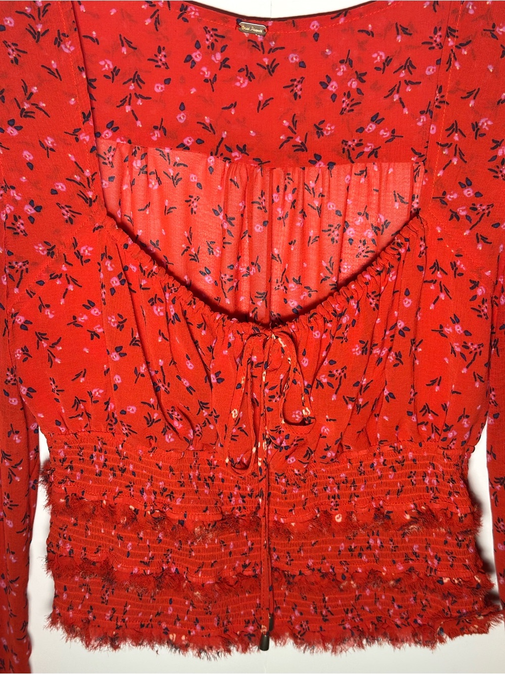 Free People Red Floral Peasant Blouse size xl